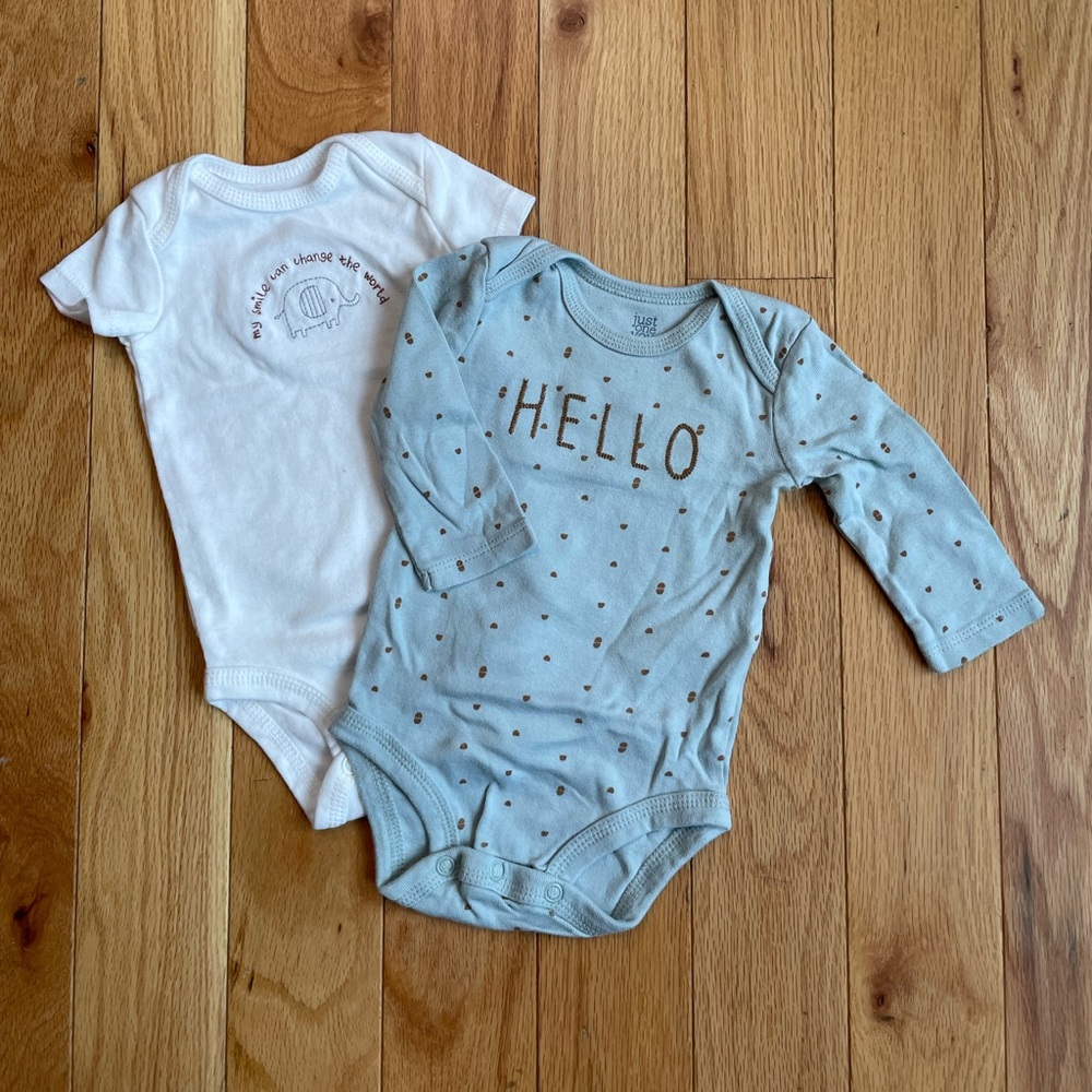 Two 0-3 month white and green Carters bodysuits